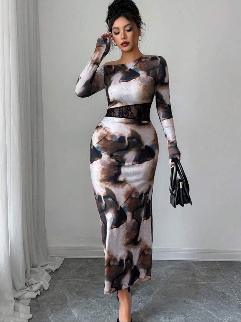 Abstract Print Long Sleeve Midi Dress with Lace Accent Panel NEW 🏷️